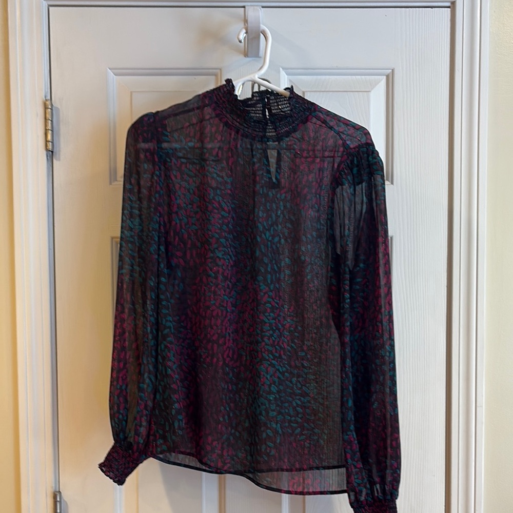 Sheer purple and teal print with flecks of gold